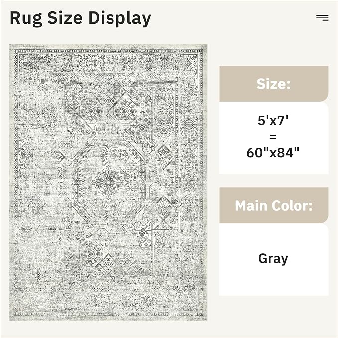 Soalmost 5x7 Area Rugs Grey Low Pile Indoor Washable Trendy Faded Style Floral