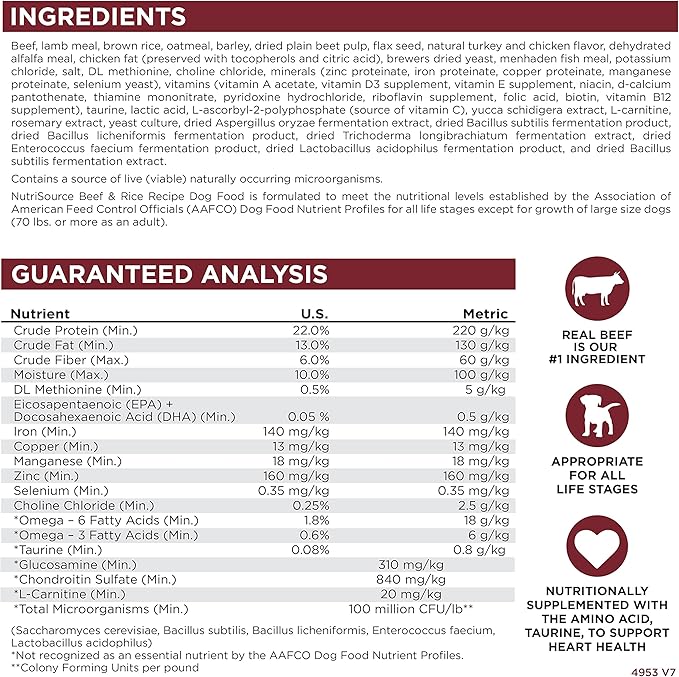NutriSource Dog Food, Made with Beef and Brown Rice, with Wholesome Grains, 15LB, Dry Dog Food
