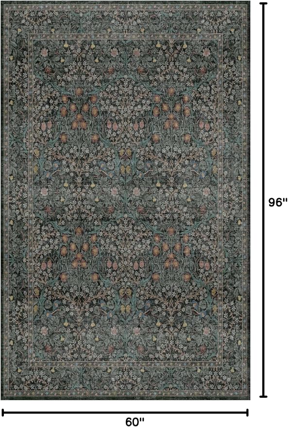Washable Vintage 5x8 Living Room Rug, Dark Green Floral Area Rug