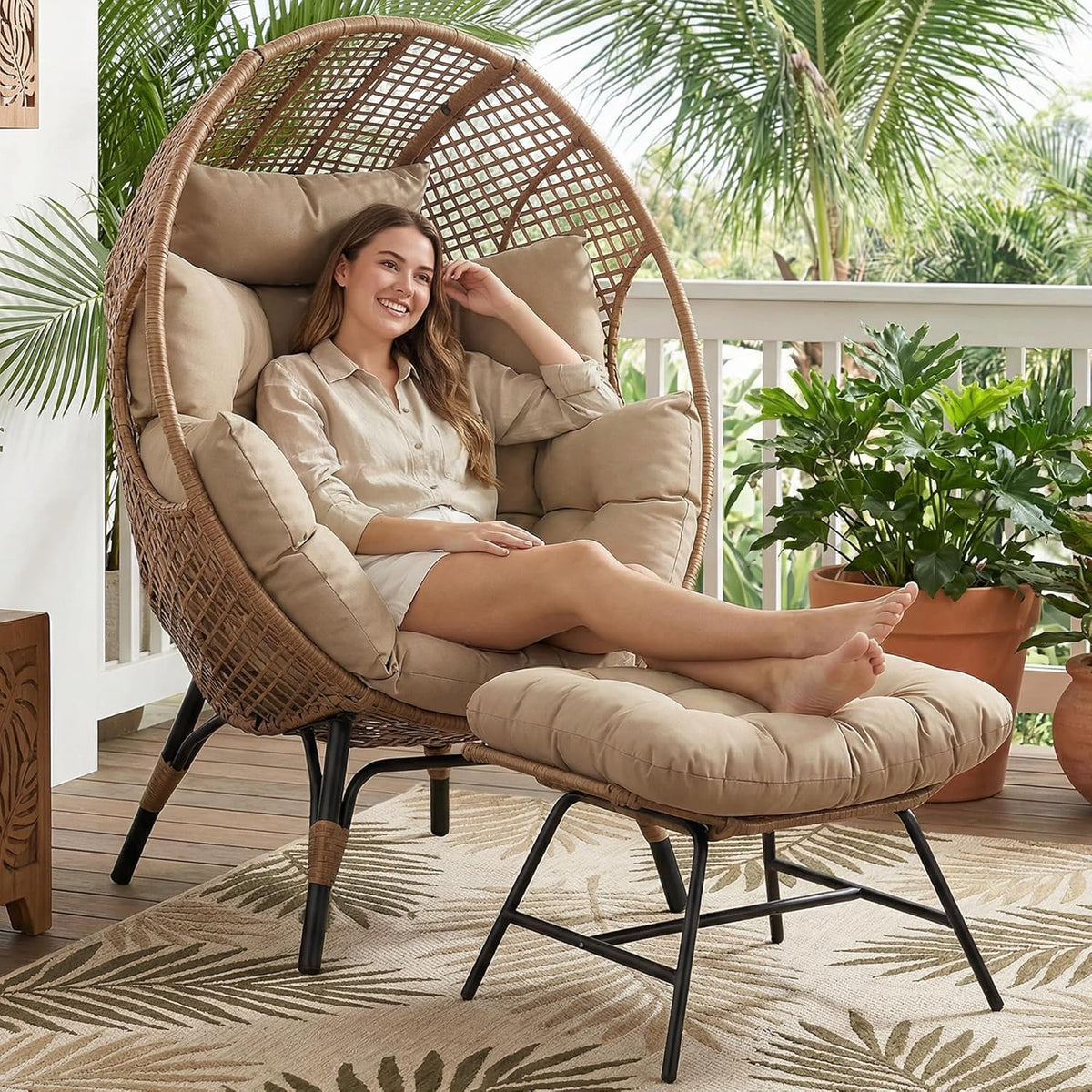 RADIATA Outdoor Egg Chair w/Ottoman, Oversized Wicker Patio Lounger