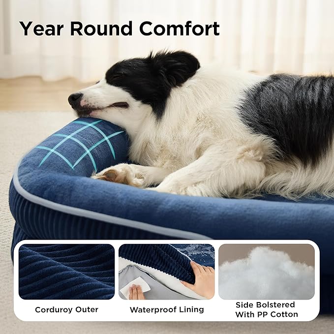 Bedsure XL Orthopedic Dog Beds Large Sized Dog - 360° Oval Bolster Large Dogs Bed for Senior Dogs with Waterproof Washable Cover, Extra Large Pet Sofa Couch with Ultra-Soft Fleece, Navy Blue, 42"