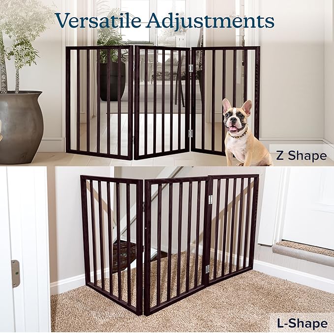 3-Panel Indoor Foldable Dog Fence for Stairs, Hallways, or Doorways - 54x24-Inch Wood Freestanding Dog Gates by PETMAKER (Brown)