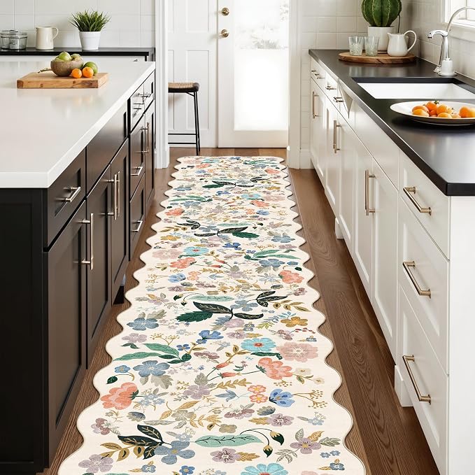 Hallway Floral 2'6x14 Runner Rugs: Washable Scalloped Soft Carpet