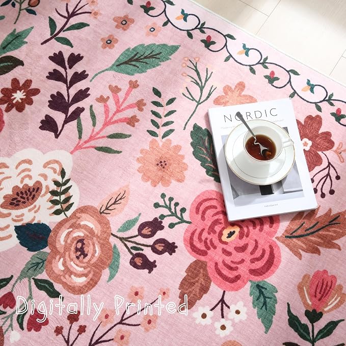 Rugcomf Round Rug 6ft Washable Circle Rug Non Slip Low Pile Boho Floral Small