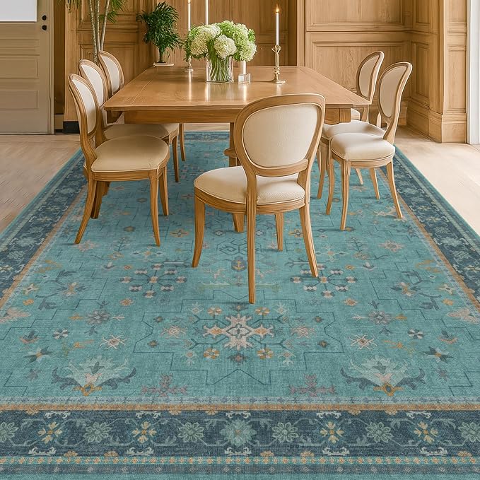 Large Boho 8x12 Teal Green Washable Living Room Rug