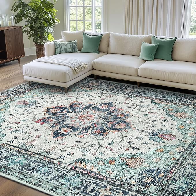 RELEANY Area Rugs 8'x10' Washable Non-Slip, Floral Vintage Distress Medallion