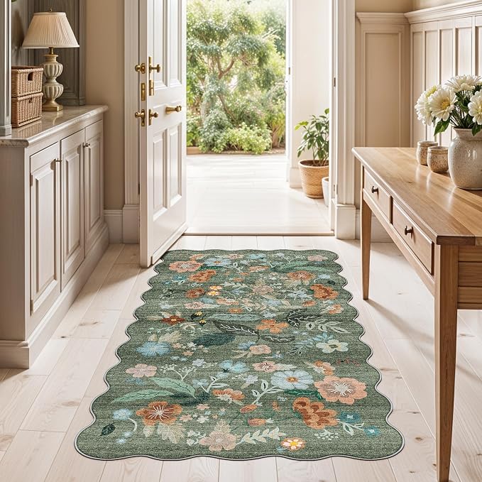 Washable Floral 2x4 Area Rug: Indoor Soft Scalloped Carpet