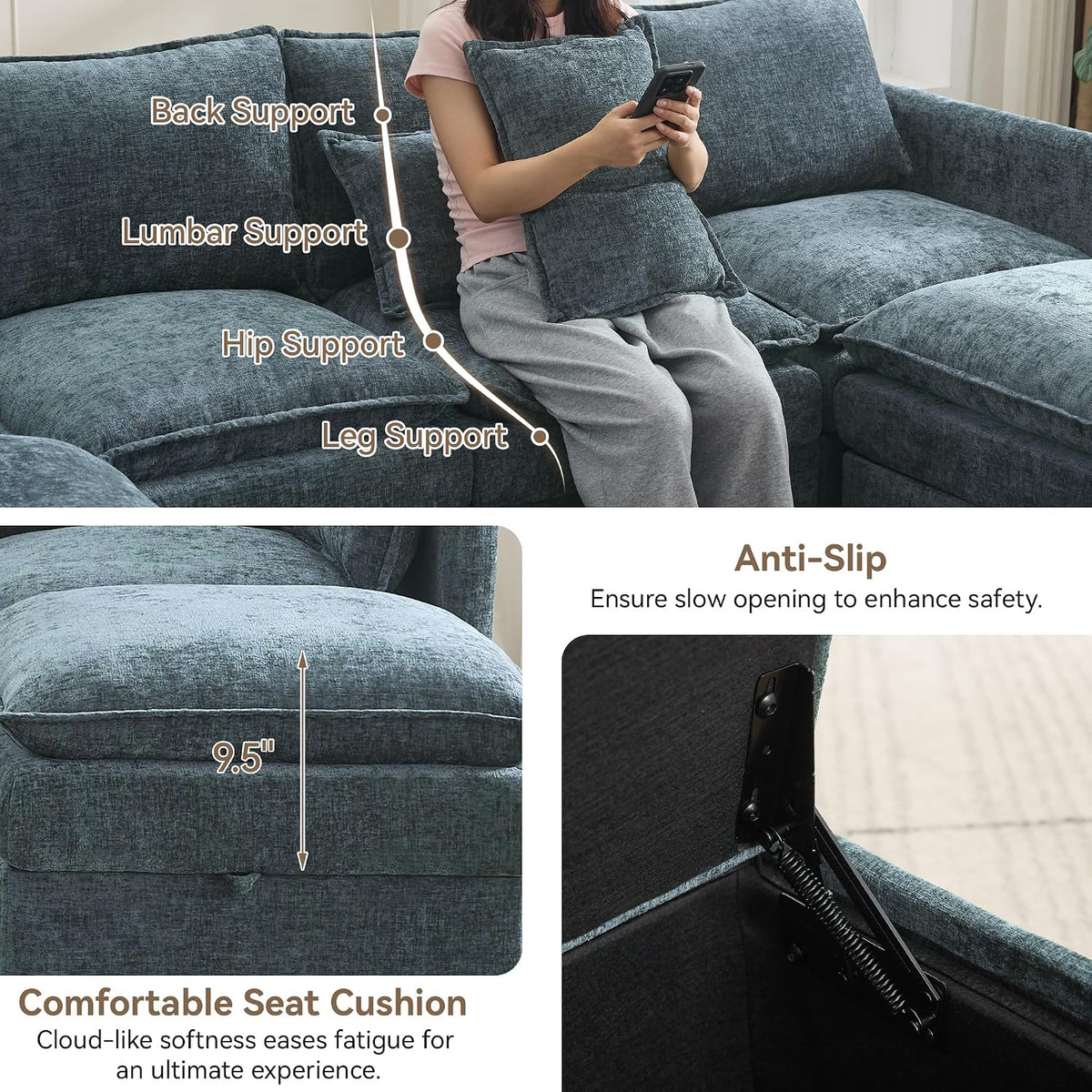 27" Large Square Ottoman with Storage, Modern Upholstered Footrest with Anti-Slip Legs for Couch Coffee Table Living Room, Bedroom, Entryway, Chenille Blue