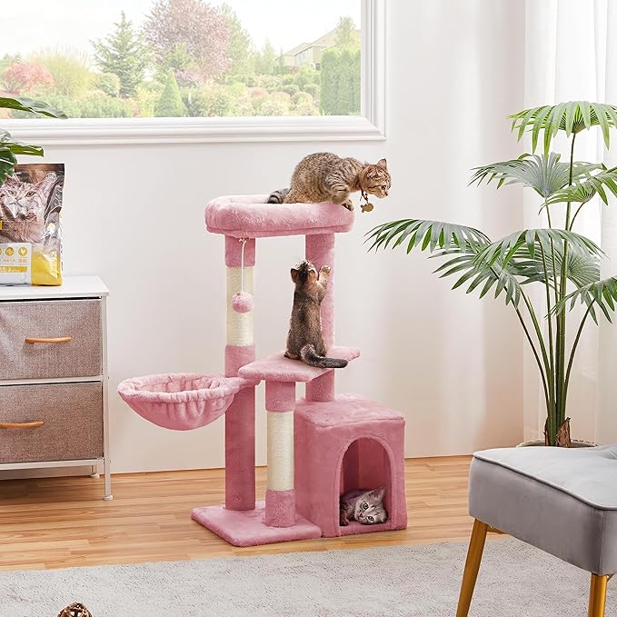 Topeakmart Cat Tree Tower for Indoor Cats, 34.5in Cute Kitten Tree Activity Center with Condo & Scratching Post, Multi-Level Pet Climbing Tower Play House w/Large Perch, Platform, Basket, Pink