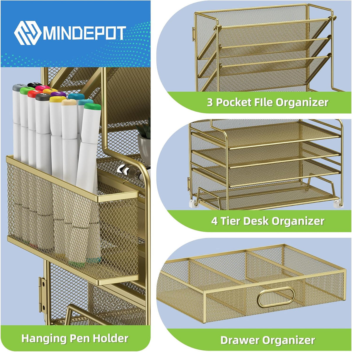 MINDEPOT 4-Tier Paper Organizer + 3-Pocket File Holder + Drawer + Pen Holders, Desktop File Organizers Paper Tray for Office Supplies School Classroom Organization (Gold, with Drawer & Pen Holder)