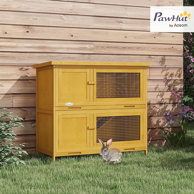 PawHut Wooden Bunny Rabbit Hutch, Small Animal Habitat with Ramp, Removable Tray & Weatherproof Roof, for Rabbits, Chickens, Ducks, Indoor/Outdoor, Yellow