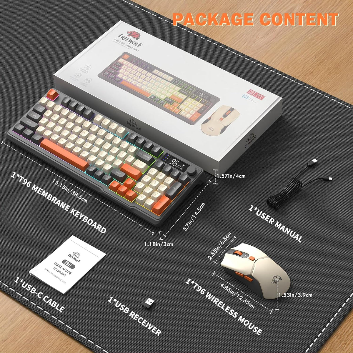 FREEWOLF T96 Smart Display Wireless Gaming Keyboard and Mouse Comb, 94Key LED Lighting Rechargeable Silent Membrane Keyboard with Knobs, 2000mAh Battery, 6-Button 4KDPI Mouse for Win/Mac(Glimmer)