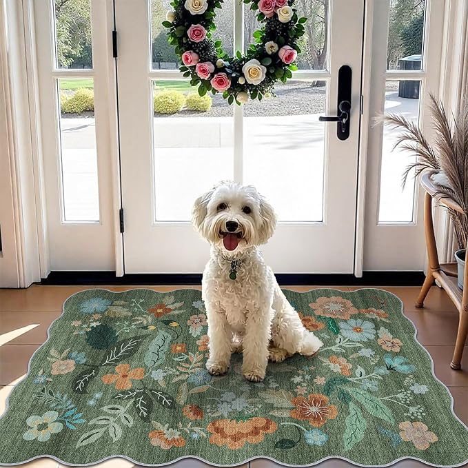 Washable Floral 2x3 Area Rug: Indoor Soft Scalloped Carpet