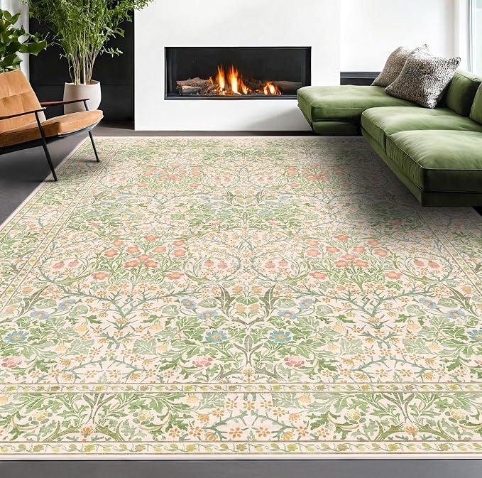 Cream Green Washable 8x10 Area Rugs