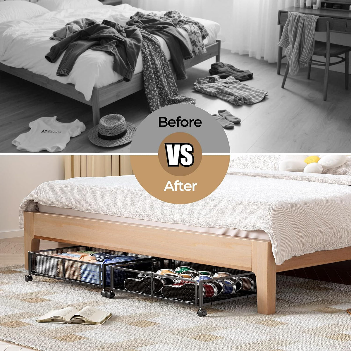 Yecaye Under Bed Storage with Wheels, 4 Pack Under Bed Shoe Storage, Black