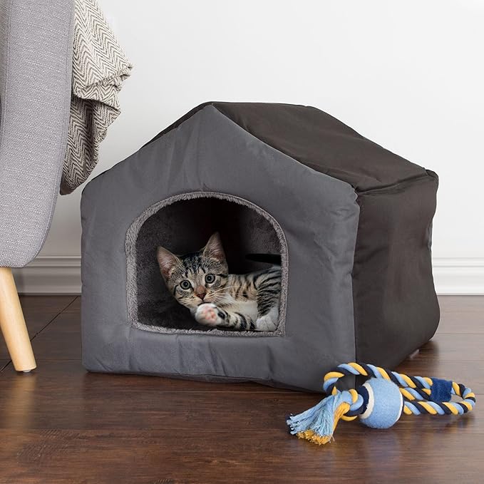 Dog House - Indoor Dog House with Removable Sherpa Cushioned Pad - Pet Bed for Small Dogs, Cats, or Kittens - Dog Houses by PETMAKER (Gray)