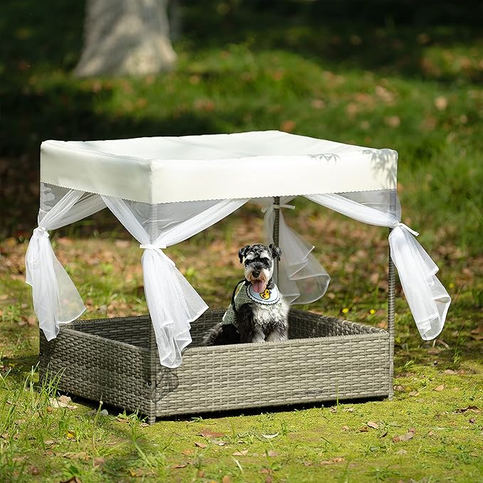 Outdoor Elevated Dog Bed with Curtain Canopy, Durable PE Wicker Pet Bed for Dogs and Cats, Patio Pet Furniture with Washable Cushion, Raised Pet Enclosure for Garden, Backyard & Indoor Use