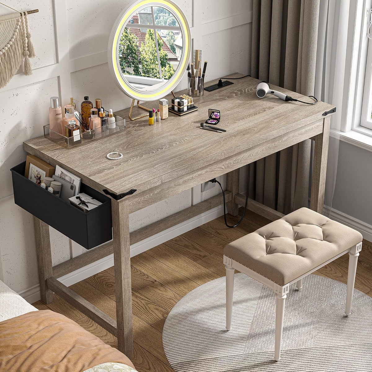 EnHomee 40" Writing Desk with Storage Bag & Power Outlet for Small Spaces
