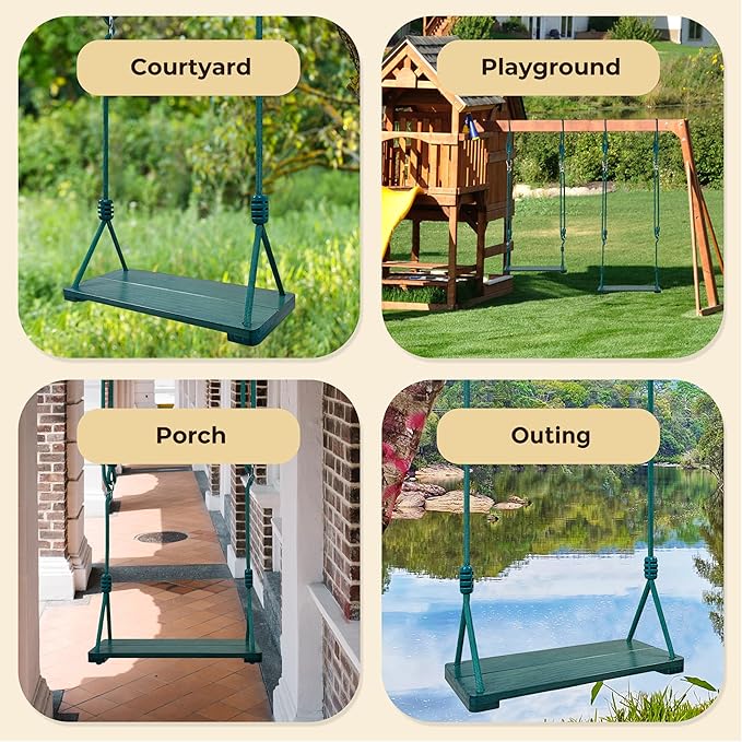 Wooden Swing Seat, Nostalgic Outdoor Wood Swing for Kids Adults, Tree Straps Set Accessories for Backyard Patio Garden Playground (Green)