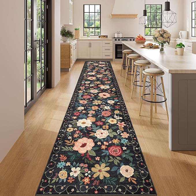 DUKINO 2x14 Runner Rug, Floral Long Washable Boho Kitchen Runner Rug