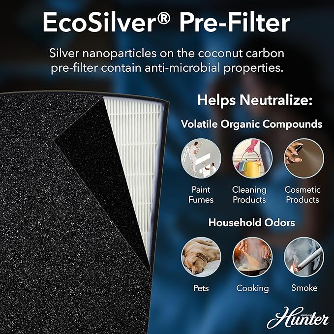 Hunter HP800 Air Purifiers for Home Large Room and Bedroom. True HEPA Air Purifier for Pets, Odors, Allergens, Smoke, Dust, VOC's. 4 Fan Speeds, Quiet Sleep Mode. Cleans 2585 Ft² per Hour. Graphite
