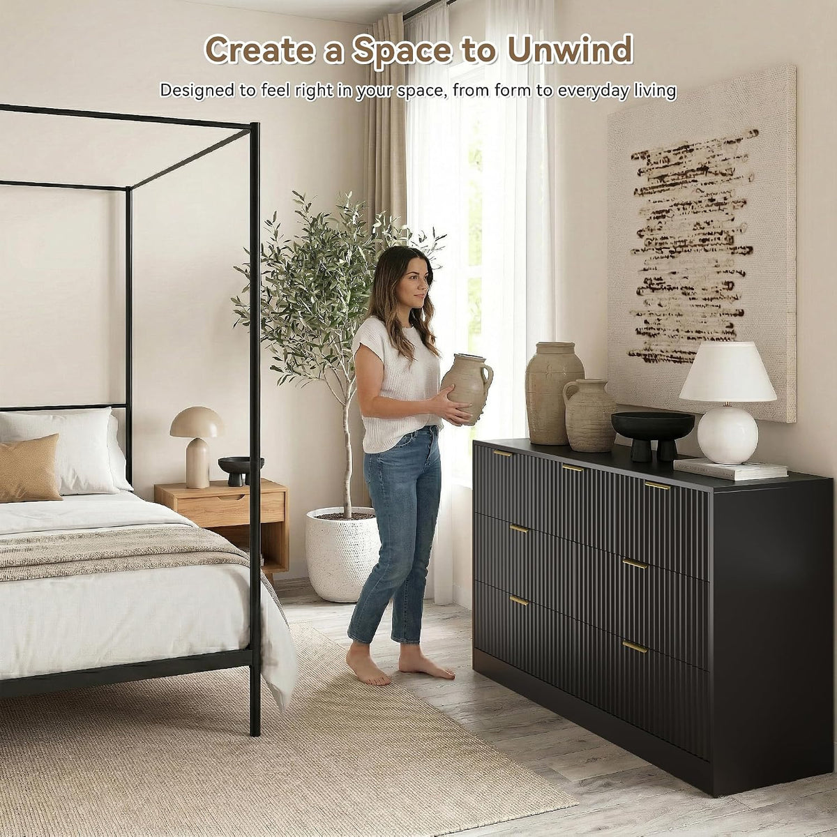 Black 7 Drawer Dresser for Bedroom, 55" Wide Fluted Chest of Drawers with Gold Metal Handles, Modern Wood Dresser Closet Storage Organizer Mid Century TV Stand for Living Room Hallway