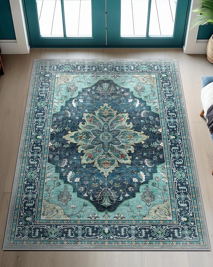 RELEANY Area Rugs 3'x4' Washable Non-Slip, Floral Vintage Distress Medallion