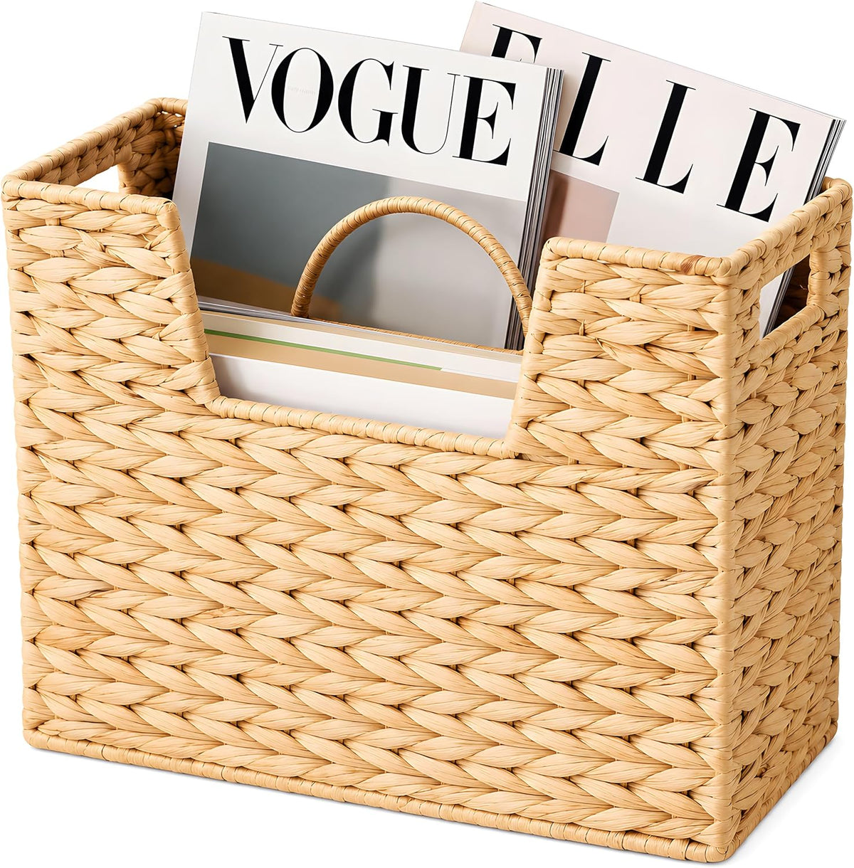 Wicker Magazine Basket with Handle, 2 Compartments