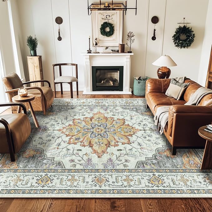 RELEANY Area Rugs Large 9'x12' Washable Non-Slip, Floral Vintage Distress