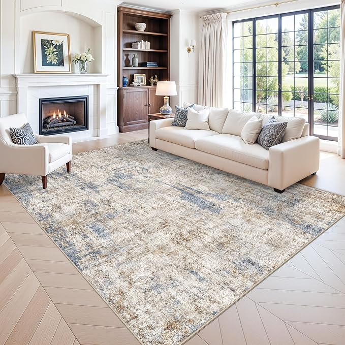 Washable 8x10 Area Rug – Modern Neutral Abstract Soft Non-Slip Stain-Resistant