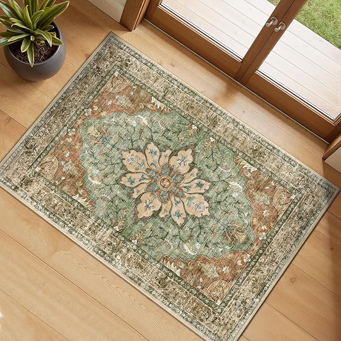 RELEANY Area Rugs Small 2'x3' Washable Non-Slip, Floral Vintage Distress