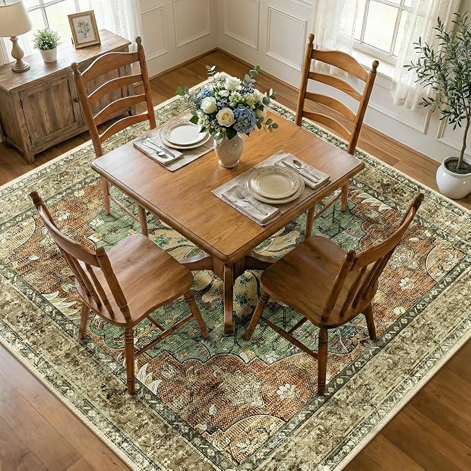 RELEANY Area Rugs Square 8ft Washable Non-Slip, Floral Vintage Distress