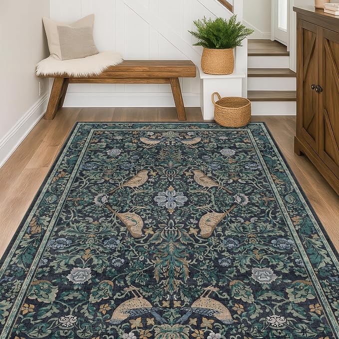 Vintage 4x6 Washable Entryway Rug, Non-Slip Low Pile Stain Resistant Carpet