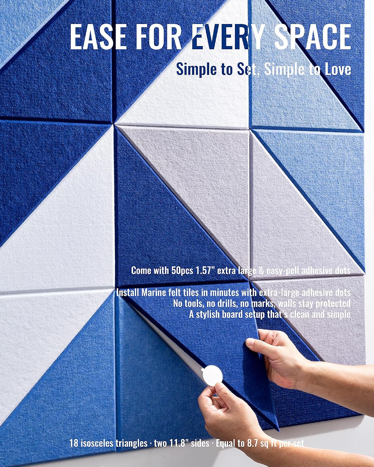 Triangular Felt Wall Tiles for Bulletin Boards, Marine, 18 Pack