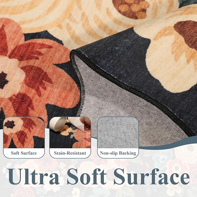 DUKINO 2.6x10 Runner Rug for Hallway, Lightweight Washable Floral Kitchen Rug