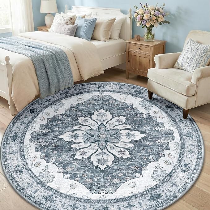 RELEANY Area Rugs Round 6ft Washable Non-Slip, Floral Vintage Distress