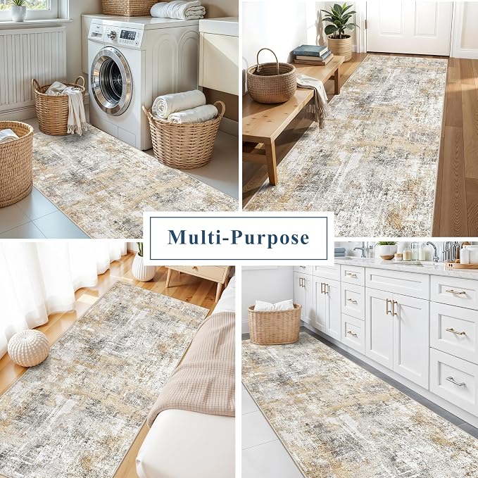 3x7 Washable Non-Slip Kitchen Runner Rug – Modern Abstract Neutral Beige & Gray