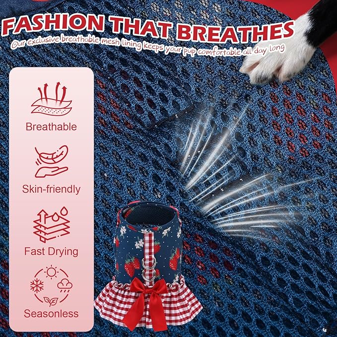 EXPAWLORER Dog Harness Small Medium Sized Dogs, Plaid Dog Dress Bowknot Harness and Leash Set, No Choke No Pull Soft Mesh Vest Cute Princess Puppy Outfits Clothes Costume for Girls Party Cats Navy XS