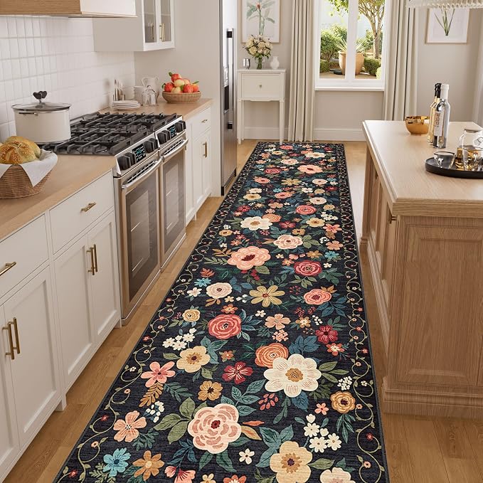 DUKINO 2x14 Runner Rug, Floral Long Washable Boho Kitchen Runner Rug