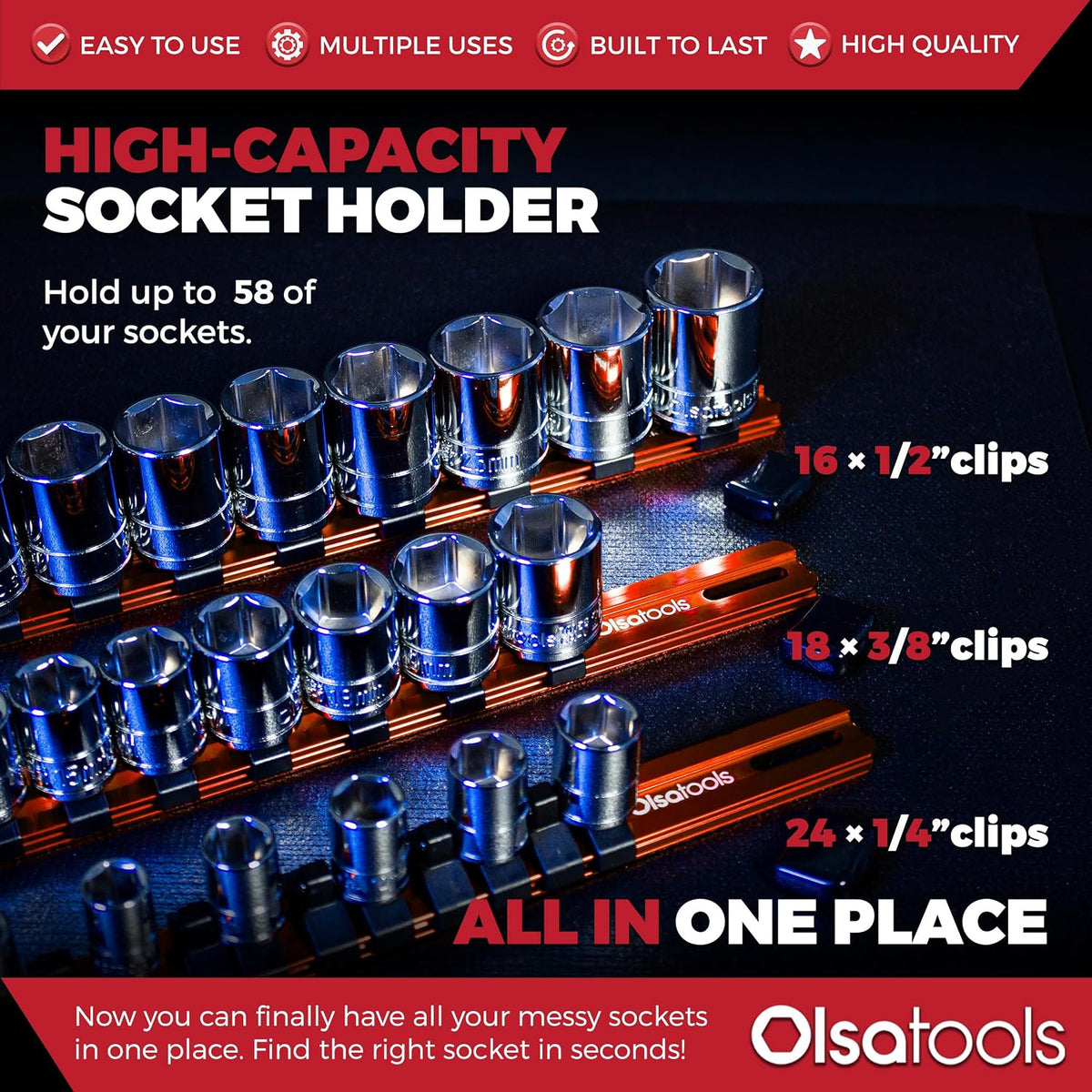 Olsa Tools 3pc Drive Socket Holder Rail, Red Aluminum, 58 Clips