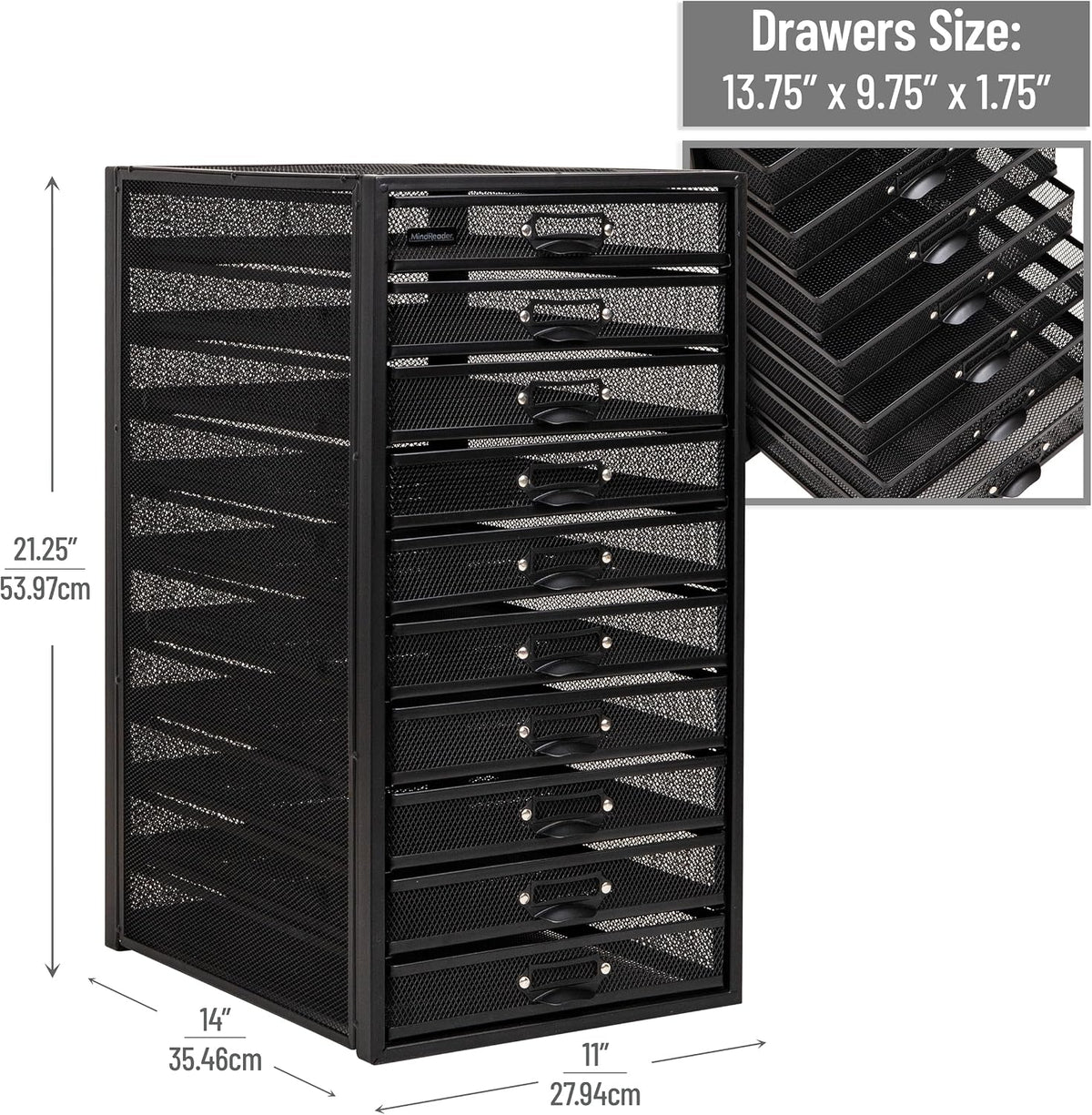 Mind Reader 10-Drawer Desk Organizer for Office Supplies, Crafts, Mail Sorting & More, Metal Mesh, Black