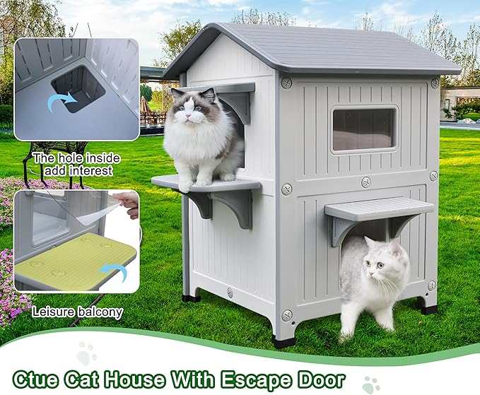 Rockever Plastic Insulated Outdoor Cat House with Escape Door, 2 Story Waterproof Cat House for Outdoor Cats for Feral Cats, Elevated Outside Cat Shelter, Clean and Assemble Easily