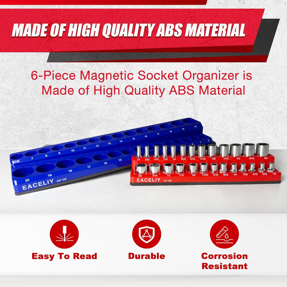 EACELIY Magnetic Socket Organizer Set SAE & Metric Deep & Shallow Socket Holder Kit, Socket Trays (sockets not included) (6PCS 3 COLOR))