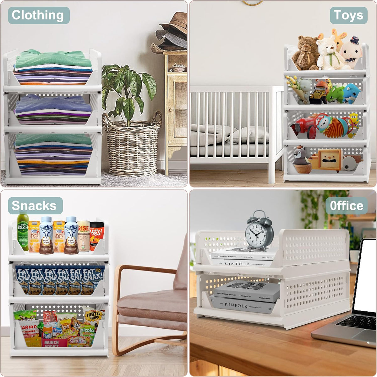 Goderewild Stackable Foldable Storage Baskets, Folding Storage Bins, Closet Organizers and Plastic Drawer Shelf Storage Container for Wardrobe, Cupboard, Kitchen, Bathroom, Office (White, 4S)