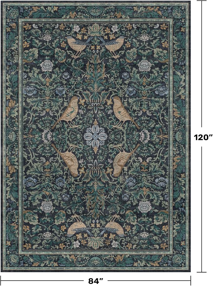 Boho Living Room Rug, 7x10 Floral & Bird Pattern Area Rug