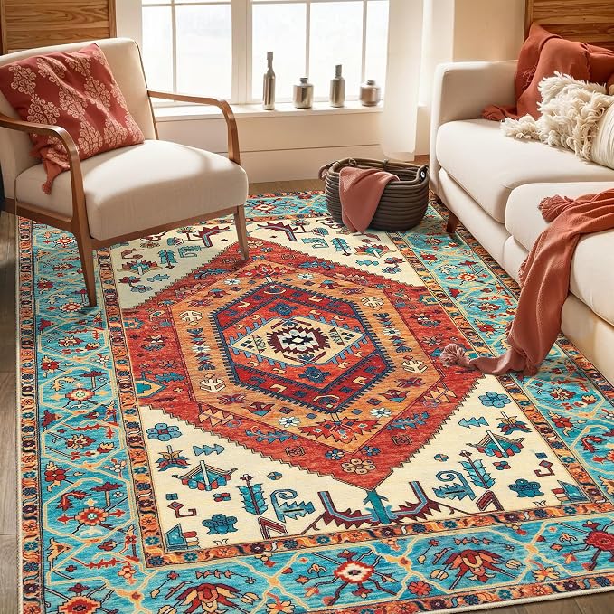 SERISSA 4x6 Boho Bedroom Rug, Washable Non Slip Vintage Orange Area Rugs