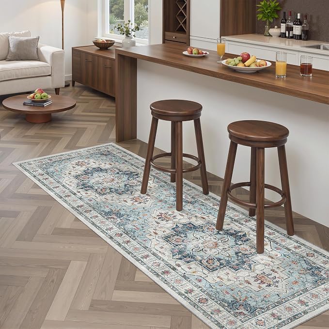Madane Blue Runner Rug, Stain Resistant, Machine-Made, Microfiber, Living Room
