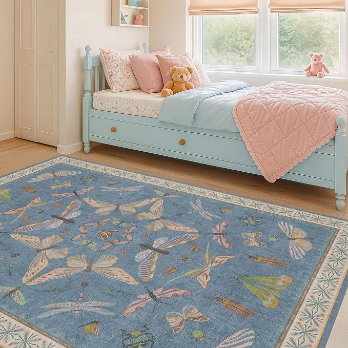 Blue Washable Kids Playroom Rug