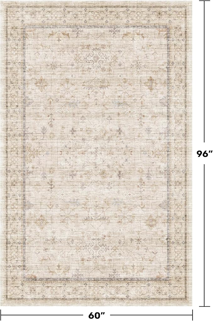 Hazo Haus Ivory 5x8 Area Rug for Bedroom, Home Office, Washable Non Slip