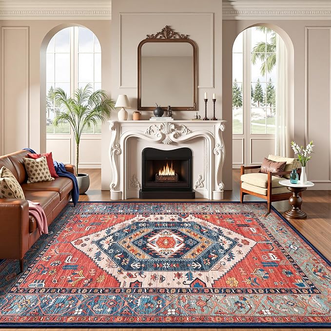 SERISSA Washable Rugs 8x10 Area Rugs, Large Non-Slip Boho Living Room Rust Rug